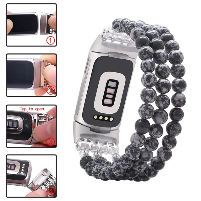 Alt view image 5 of 6 - Compatible with Fitbit Charge 6/5 Natural Gemstone Beaded Handmade Adjustable Bracelet Replacement Band for Women