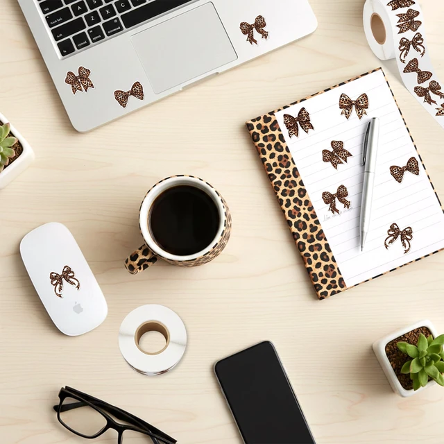 Alt view image 3 of 6 - Trendy Cheetah Bow Stickers - 1000Pcs Y2K Leopard Decals for Girls Cheetah Print Brown Bowknot Waterproof Roll Decals, Birthday Party Gifts, Home Decor Laptop Guitar Luggage Crafts, 6 Styles
