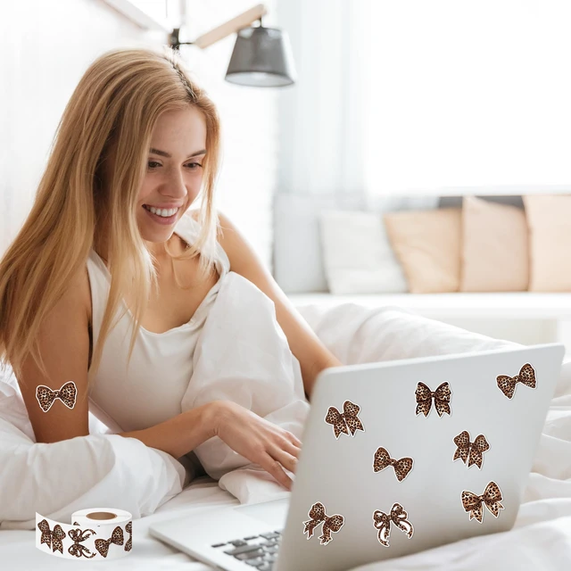 Alt view image 4 of 6 - Trendy Cheetah Bow Stickers - 1000Pcs Y2K Leopard Decals for Girls Cheetah Print Brown Bowknot Waterproof Roll Decals, Birthday Party Gifts, Home Decor Laptop Guitar Luggage Crafts, 6 Styles