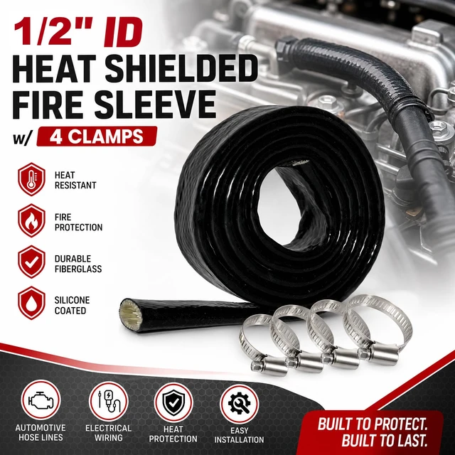 Alt view image 7 of 7 - 1/2" ID Heat Shielded Fire Sleeve w/ 4 Clamps - Black 5FT Silicone Coated Fiberglass Heat Protection for Automotive Hose Lines & Electrical Wiring