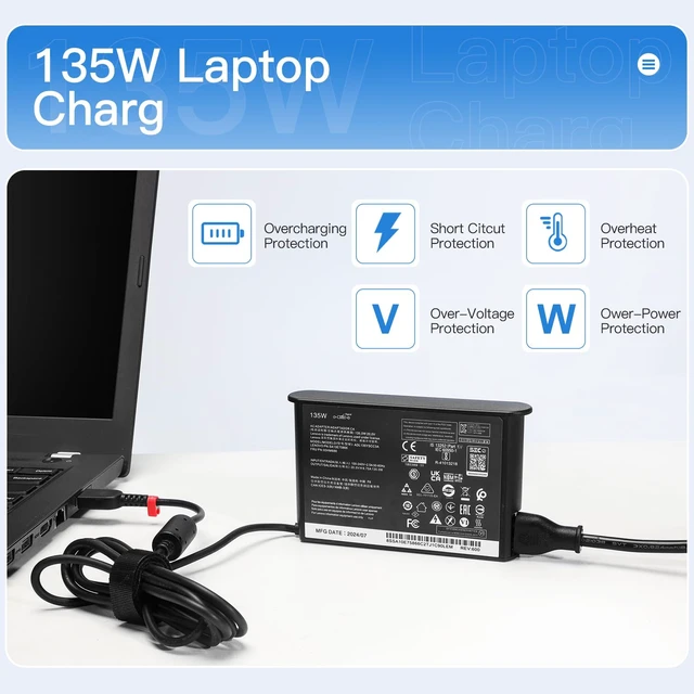 Alt view image 6 of 7 - 135W Laptop Charger for Lenovo Thinkpad, AC Adapter Compatible with ThinkPad X1 Extreme/P1/Legion Y530/Y700/Ideapad 720/Yoga Slim 7, 20V 6.75A Slim Tip Power Supply Cord