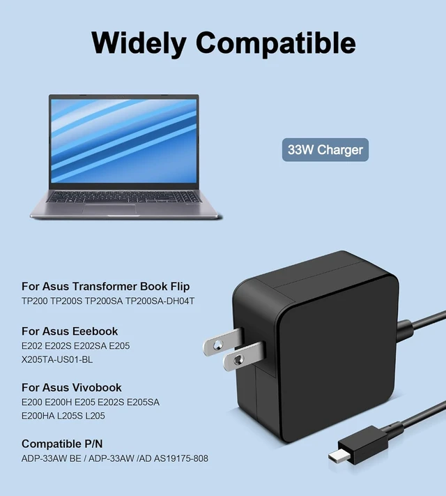 Alt view image 5 of 7 - 33W Charger Compatible with Asus Eeebook X205 X205T X205TA E205SA Vivobook E200H E202S E205SA Transformer Book Flip TP200SA TP200S Chromebook C100PA C201 C201P C201PA Laptop Adapter