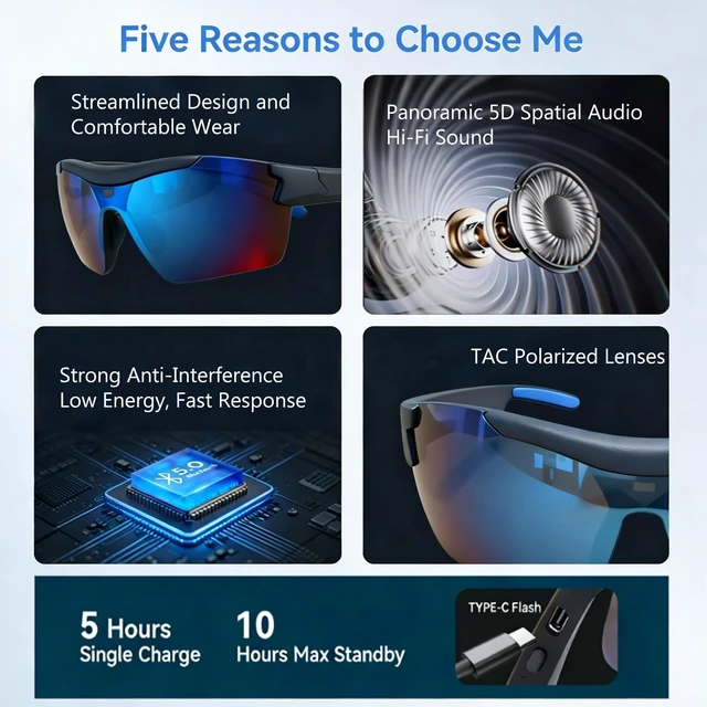 Alt view image 7 of 7 - Wireless Audio Sunglasses for Men Women UV400 Outdoor Smart Sports Eyewear Open-Ear Sound, IPX4 Waterproof, Lightweight 30g, 6H Playtime, for Cycling Running Hiking Fishing Driving