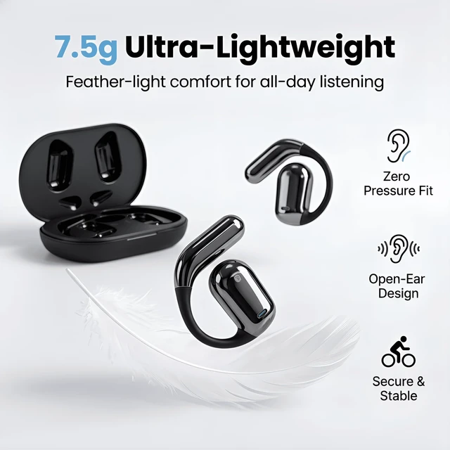 Alt view image 4 of 7 - Open Ear Wireless Earbuds Bone Conduction Headphones 80H Sports IPX5 waterproof, digital display, 6.1Bluetooth. Ergonomic earhook for cycling, running & gym. Comfort for glasses wearers