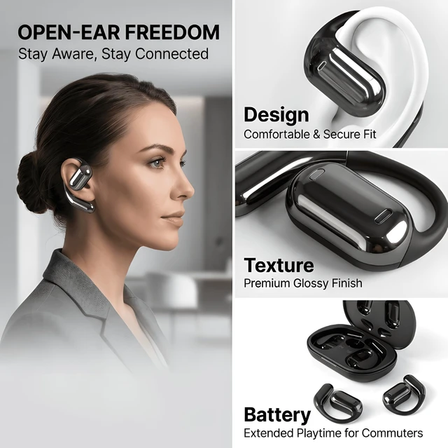 Alt view image 5 of 7 - Open Ear Wireless Earbuds Bone Conduction Headphones 80H Sports IPX5 waterproof, digital display, 6.1Bluetooth. Ergonomic earhook for cycling, running & gym. Comfort for glasses wearers
