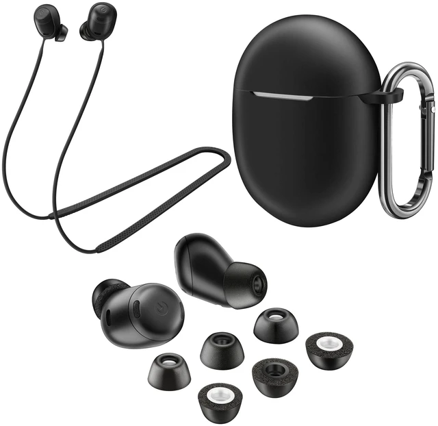 Main image of Memory Foam Ear Tips for Pixel Buds Pro Silicone Case Cover with Keychain,Anti-Lost Strap,Anti-Slip Foam Tips for Pixel Buds Pro 3 Pairs S/M/L (Black Case+Black Strap+Black Eartip)