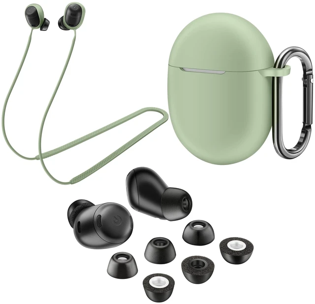 Main image of Memory Foam Ear Tips for Pixel Buds Pro,Silicone Case Cover with Keychain,Anti-Lost Strap,Foam Tips for Pixel Buds Pro 3 Pairs S/M/L(Lemongrass Case+Lemongrass Strap+Black Eartips)