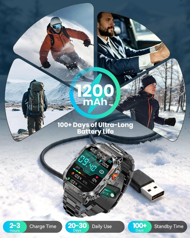 Alt view image 2 of 7 - Military Smart Watch for Men, 1200mAh Battery, Flashlight, Bluetooth Call 2.0" AMOLED Display, 2 Bands, 110+ Sports Modes, 5ATM Waterproof, 200+ Watch Faces, Fitness Tracker for Android & iPhone