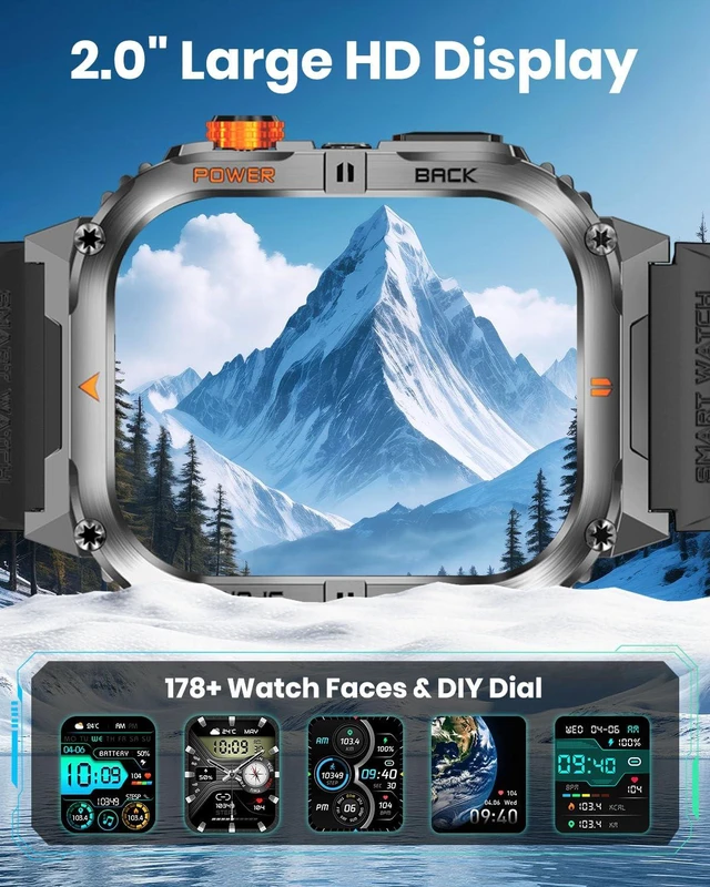Alt view image 3 of 7 - Military Smart Watch for Men, 1200mAh Battery, Flashlight, Bluetooth Call 2.0" AMOLED Display, 2 Bands, 110+ Sports Modes, 5ATM Waterproof, 200+ Watch Faces, Fitness Tracker for Android & iPhone