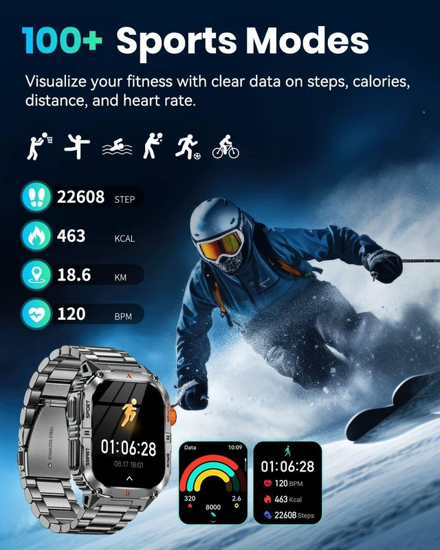Alt view image 4 of 7 - Military Smart Watch for Men, 1200mAh Battery, Flashlight, Bluetooth Call 2.0" AMOLED Display, 2 Bands, 110+ Sports Modes, 5ATM Waterproof, 200+ Watch Faces, Fitness Tracker for Android & iPhone