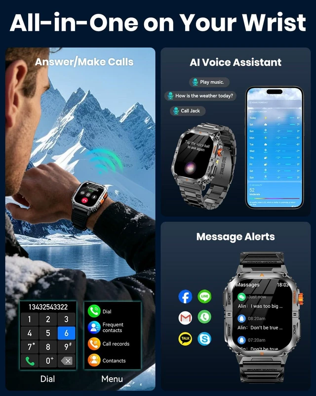 Alt view image 5 of 7 - Military Smart Watch for Men, 1200mAh Battery, Flashlight, Bluetooth Call 2.0" AMOLED Display, 2 Bands, 110+ Sports Modes, 5ATM Waterproof, 200+ Watch Faces, Fitness Tracker for Android & iPhone
