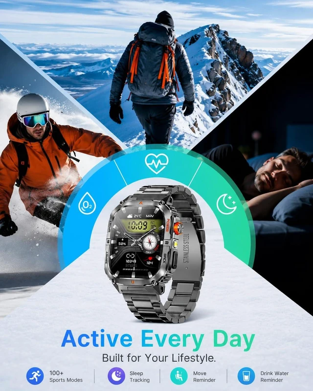 Alt view image 6 of 7 - Military Smart Watch for Men, 1200mAh Battery, Flashlight, Bluetooth Call 2.0" AMOLED Display, 2 Bands, 110+ Sports Modes, 5ATM Waterproof, 200+ Watch Faces, Fitness Tracker for Android & iPhone