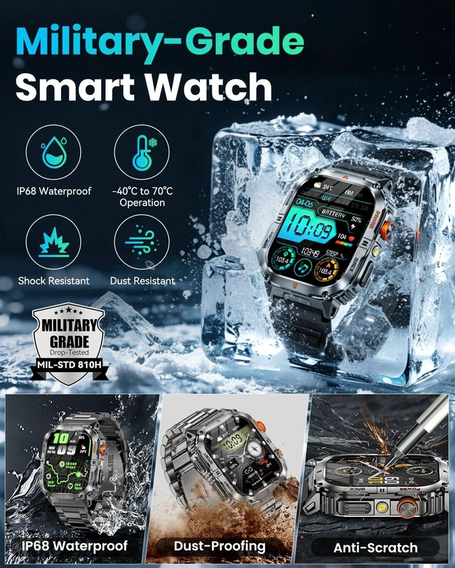 Alt view image 7 of 7 - Military Smart Watch for Men, 1200mAh Battery, Flashlight, Bluetooth Call 2.0" AMOLED Display, 2 Bands, 110+ Sports Modes, 5ATM Waterproof, 200+ Watch Faces, Fitness Tracker for Android & iPhone