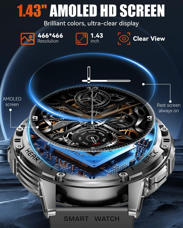 Alt view image 3 of 7 - Military Smart Watches for Men with Bluetooth Call, 1.43" AMOLED Waterproof Smartwatch with Flashlight, 111 Sport Modes, 530mAh Heart Rate/Sleep Monitor for Android iOS