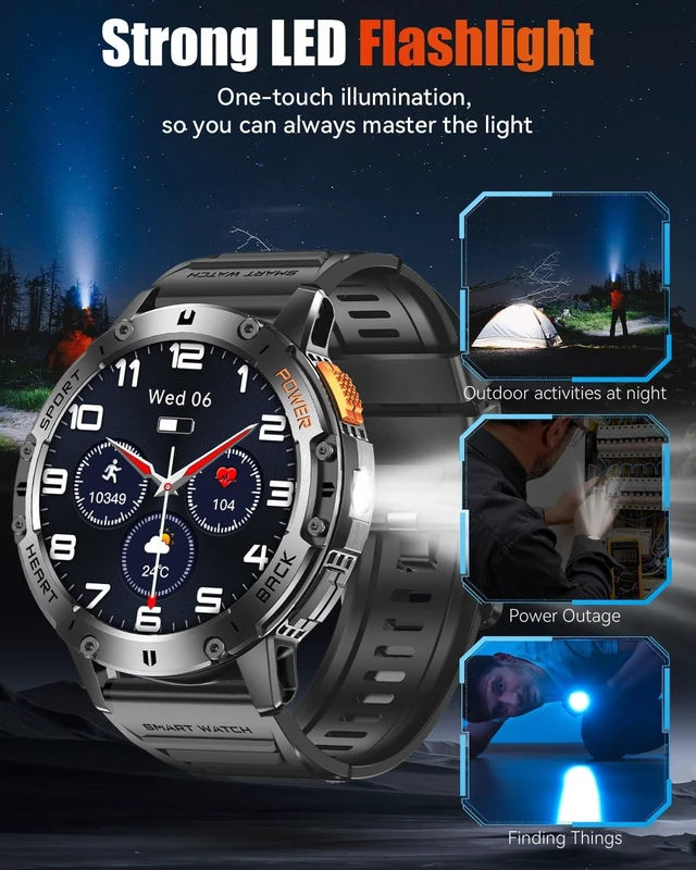Alt view image 4 of 7 - Military Smart Watches for Men with Bluetooth Call, 1.43" AMOLED Waterproof Smartwatch with Flashlight, 111 Sport Modes, 530mAh Heart Rate/Sleep Monitor for Android iOS