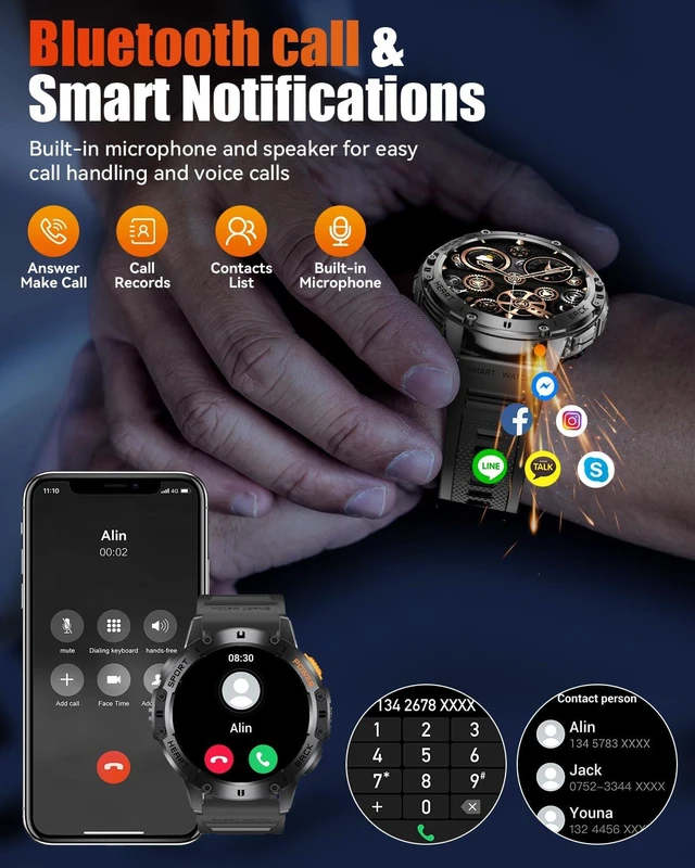 Alt view image 6 of 7 - Military Smart Watches for Men with Bluetooth Call, 1.43" AMOLED Waterproof Smartwatch with Flashlight, 111 Sport Modes, 530mAh Heart Rate/Sleep Monitor for Android iOS