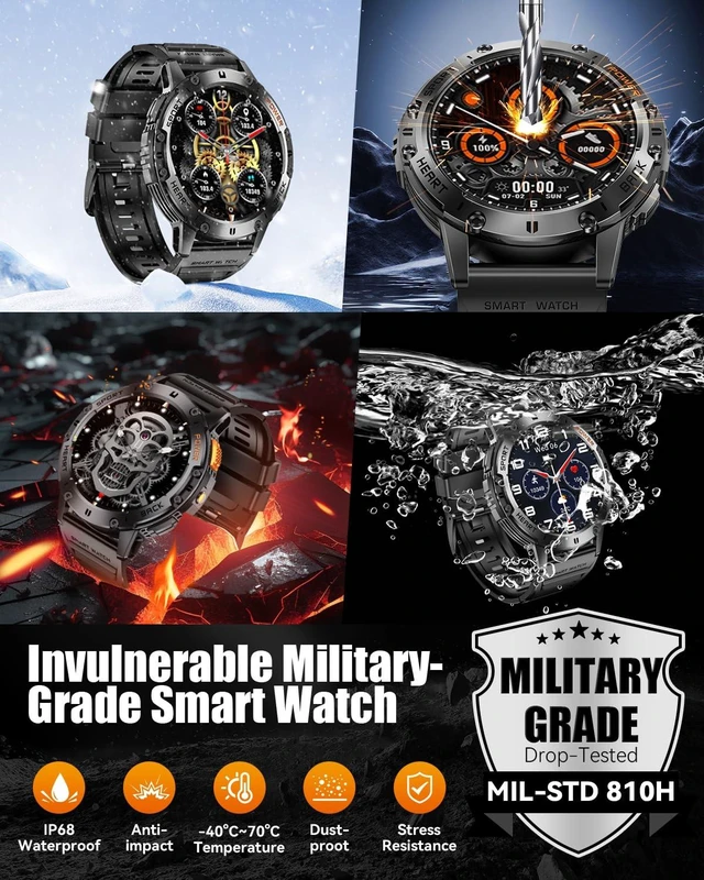 Alt view image 7 of 7 - Military Smart Watches for Men with Bluetooth Call, 1.43" AMOLED Waterproof Smartwatch with Flashlight, 111 Sport Modes, 530mAh Heart Rate/Sleep Monitor for Android iOS