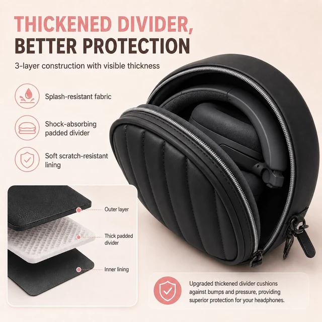 Alt view image 3 of 7 - Soft-Touch Headphone Case for Sony, for JBL and for BERIBES-Black Silky Microfiber and Thick Padded Divider Cushion Foldable Headsets; Cable Pocket Keeps Chargers Organized, Case Only
