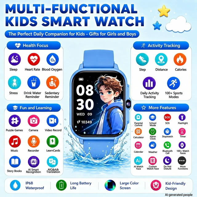 Alt view image 2 of 7 - Kids Smart Watches Gift for Boys 4-12, 1.85" Fitness Tracker with SOS AI 100+ Sports Modes, Game, Camera, Alarm Clock, Health Monitor, Class Mode, IP68 Waterproof, Pedometer, No Phone Needed