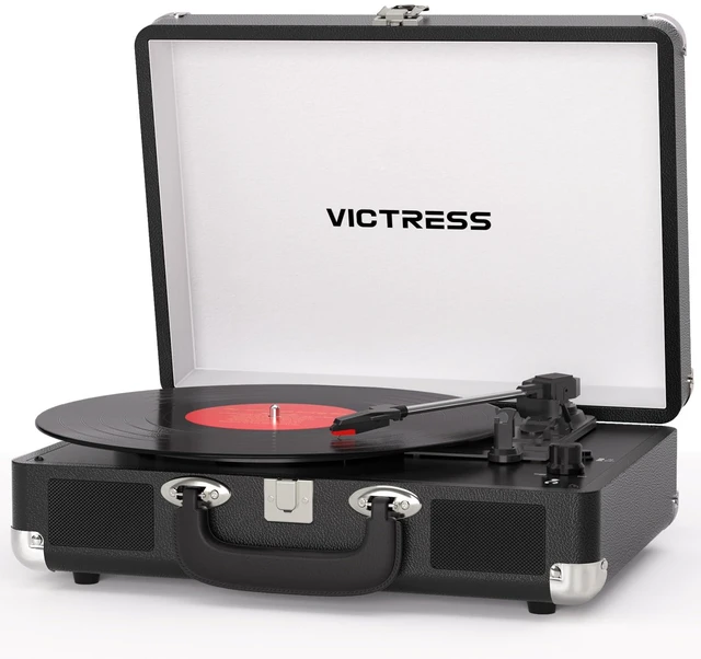 Main image of Vinyl Record Player, Portable Bluetooth in & Out Turntable, Black Suitcase Record Player, 3 Speed Vintage Vinyl Player with Built-in Speakers, Vinyl-to-PC Recording, RCA, AUX, Headphone Jack