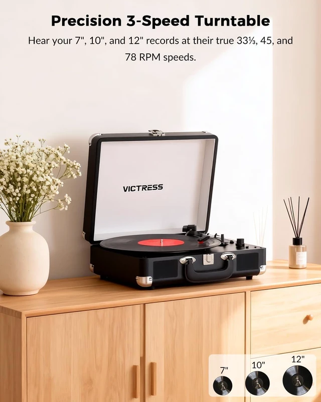 Alt view image 2 of 7 - Vinyl Record Player, Portable Bluetooth in & Out Turntable, Black Suitcase Record Player, 3 Speed Vintage Vinyl Player with Built-in Speakers, Vinyl-to-PC Recording, RCA, AUX, Headphone Jack