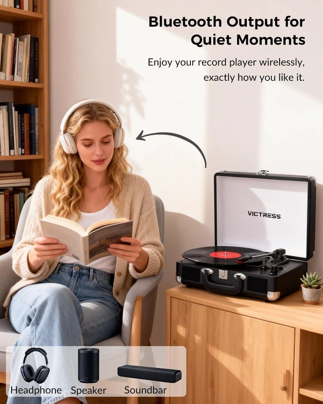 Alt view image 3 of 7 - Vinyl Record Player, Portable Bluetooth in & Out Turntable, Black Suitcase Record Player, 3 Speed Vintage Vinyl Player with Built-in Speakers, Vinyl-to-PC Recording, RCA, AUX, Headphone Jack