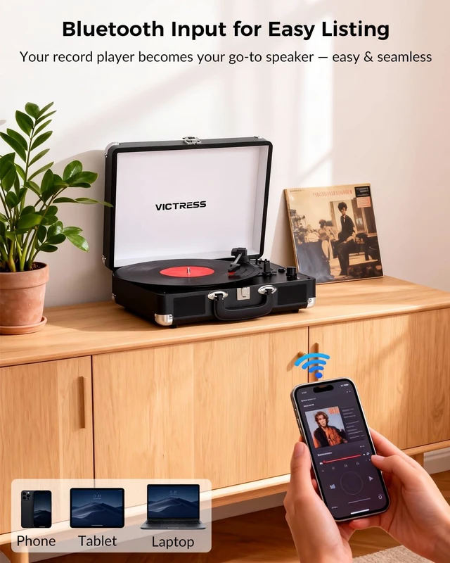 Alt view image 4 of 7 - Vinyl Record Player, Portable Bluetooth in & Out Turntable, Black Suitcase Record Player, 3 Speed Vintage Vinyl Player with Built-in Speakers, Vinyl-to-PC Recording, RCA, AUX, Headphone Jack