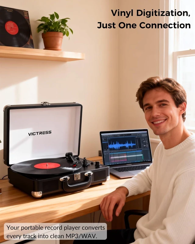 Alt view image 6 of 7 - Vinyl Record Player, Portable Bluetooth in & Out Turntable, Black Suitcase Record Player, 3 Speed Vintage Vinyl Player with Built-in Speakers, Vinyl-to-PC Recording, RCA, AUX, Headphone Jack