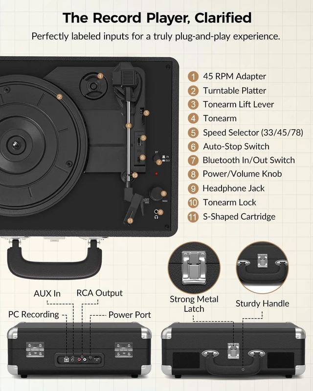 Alt view image 7 of 7 - Vinyl Record Player, Portable Bluetooth in & Out Turntable, Black Suitcase Record Player, 3 Speed Vintage Vinyl Player with Built-in Speakers, Vinyl-to-PC Recording, RCA, AUX, Headphone Jack