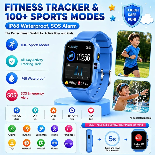Alt view image 5 of 7 - Kids Smart Watches Gift for Boys 4-12, 1.85" Fitness Tracker with SOS AI 100+ Sports Modes, Game, Camera, Alarm Clock, Health Monitor, Class Mode, IP68 Waterproof, Pedometer, No Phone Needed