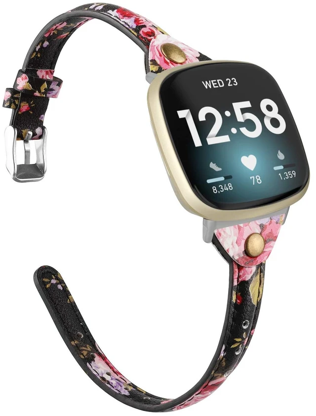 Main image of Compatible with Fitbit Versa 4/Versa 3/Sense 2/Sense Band for Women, Slim & Thin Leather Straps Bracelet Wristband for Fitbit Versa 4/ Fitbit Sense Smartwatch, Pink Floral