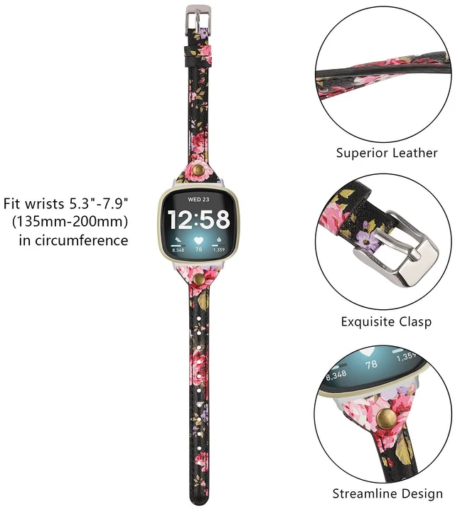 Alt view image 2 of 6 - Compatible with Fitbit Versa 4/Versa 3/Sense 2/Sense Band for Women, Slim & Thin Leather Straps Bracelet Wristband for Fitbit Versa 4/ Fitbit Sense Smartwatch, Pink Floral