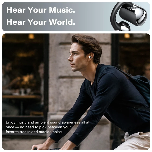 Alt view image 6 of 7 - Clip-on Earbuds,Three Audio Modes,Bluetooth 6.0 Open Ear Earbuds IPX5 Waterproof,40H Playtime,Fast Charging,Crystal-Clear Sound,Comfort Fit for Small Ears,Sports and Glasses Wearers