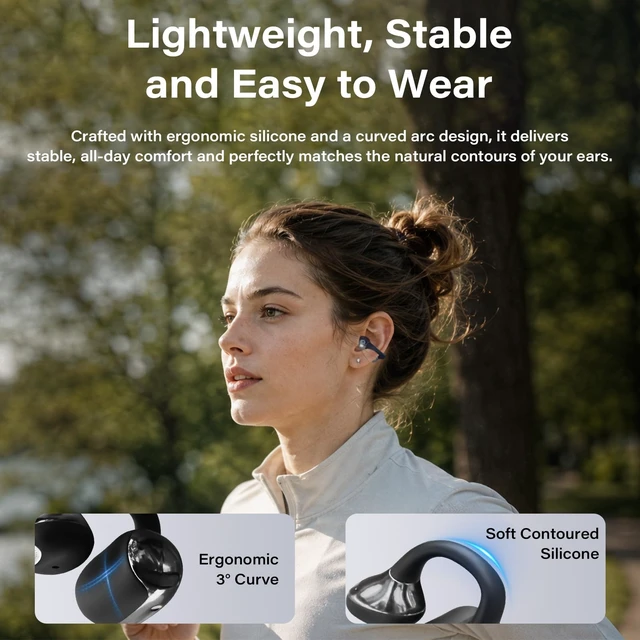 Alt view image 7 of 7 - Clip-on Earbuds,Three Audio Modes,Bluetooth 6.0 Open Ear Earbuds IPX5 Waterproof,40H Playtime,Fast Charging,Crystal-Clear Sound,Comfort Fit for Small Ears,Sports and Glasses Wearers