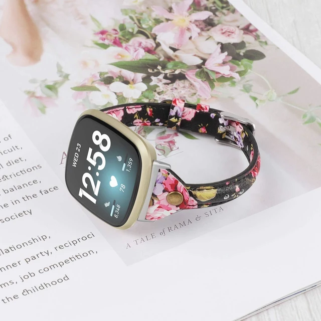 Alt view image 3 of 6 - Compatible with Fitbit Versa 4/Versa 3/Sense 2/Sense Band for Women, Slim & Thin Leather Straps Bracelet Wristband for Fitbit Versa 4/ Fitbit Sense Smartwatch, Pink Floral