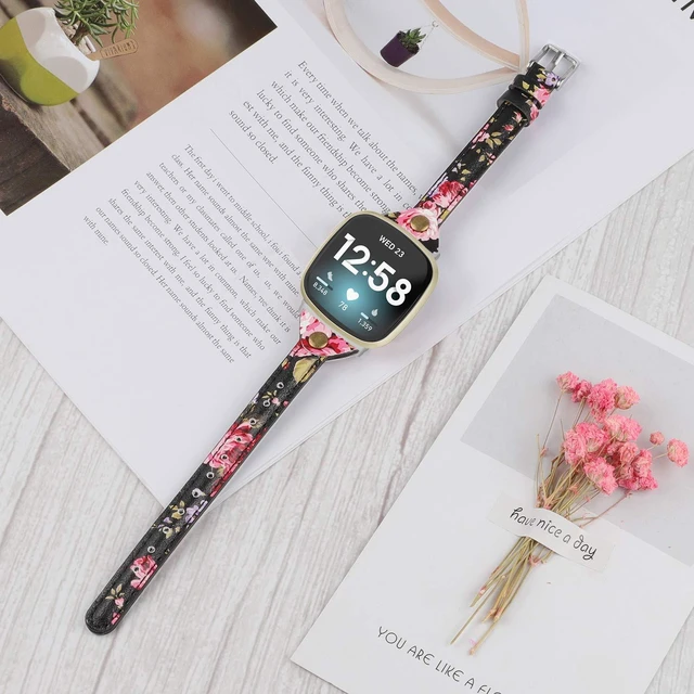 Alt view image 5 of 6 - Compatible with Fitbit Versa 4/Versa 3/Sense 2/Sense Band for Women, Slim & Thin Leather Straps Bracelet Wristband for Fitbit Versa 4/ Fitbit Sense Smartwatch, Pink Floral
