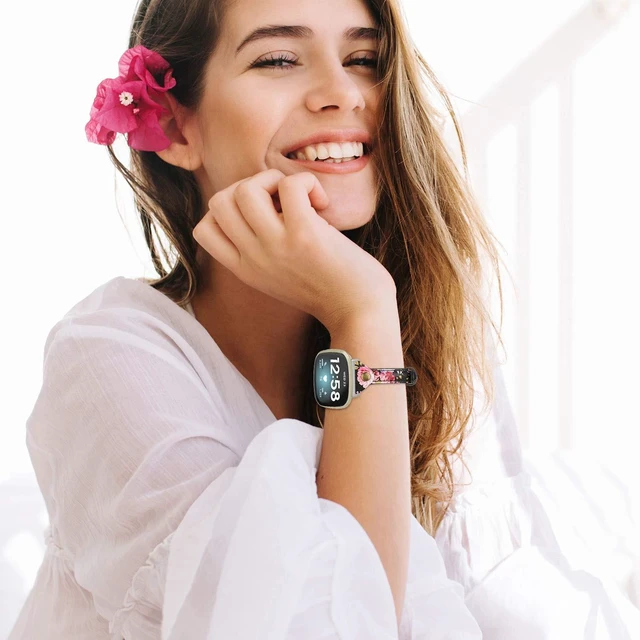 Alt view image 6 of 6 - Compatible with Fitbit Versa 4/Versa 3/Sense 2/Sense Band for Women, Slim & Thin Leather Straps Bracelet Wristband for Fitbit Versa 4/ Fitbit Sense Smartwatch, Pink Floral