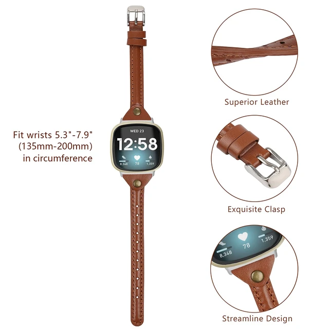 Alt view image 2 of 6 - Compatible with Fitbit Versa 4/Versa 3/Sense 2/Sense Band for Women, Slim & Thin Leather Straps Bracelet Wristband for Fitbit Versa 4/ Fitbit Sense Smartwatch, Brown
