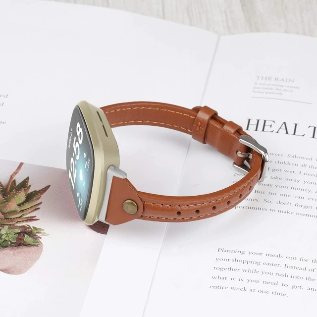 Alt view image 3 of 6 - Compatible with Fitbit Versa 4/Versa 3/Sense 2/Sense Band for Women, Slim & Thin Leather Straps Bracelet Wristband for Fitbit Versa 4/ Fitbit Sense Smartwatch, Brown