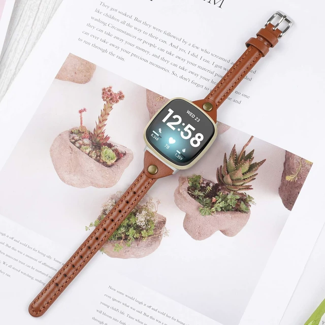 Alt view image 5 of 6 - Compatible with Fitbit Versa 4/Versa 3/Sense 2/Sense Band for Women, Slim & Thin Leather Straps Bracelet Wristband for Fitbit Versa 4/ Fitbit Sense Smartwatch, Brown