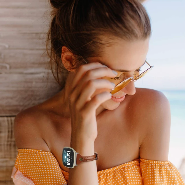 Alt view image 6 of 6 - Compatible with Fitbit Versa 4/Versa 3/Sense 2/Sense Band for Women, Slim & Thin Leather Straps Bracelet Wristband for Fitbit Versa 4/ Fitbit Sense Smartwatch, Brown