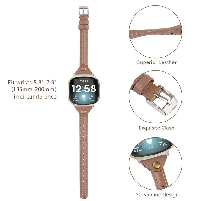 Alt view image 2 of 6 - Compatible with Fitbit Versa 4/Versa 3/Sense 2/Sense Band for Women, Slim & Thin Leather Straps Bracelet Wristband for Fitbit Versa 4/ Fitbit Sense Smartwatch, Pink Grey