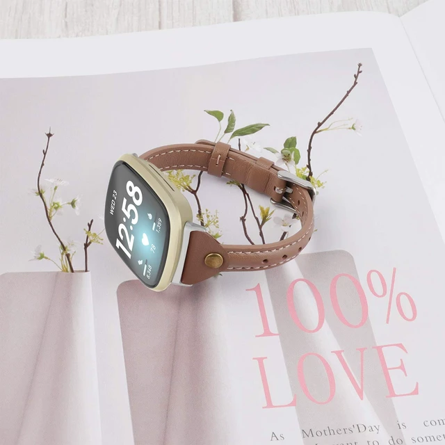 Alt view image 3 of 6 - Compatible with Fitbit Versa 4/Versa 3/Sense 2/Sense Band for Women, Slim & Thin Leather Straps Bracelet Wristband for Fitbit Versa 4/ Fitbit Sense Smartwatch, Pink Grey