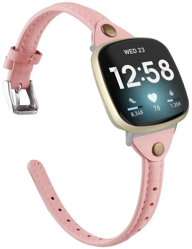 Main image of Compatible with Fitbit Versa 4/Versa 3/Sense 2/Sense Band for Women, Slim & Thin Leather Straps Bracelet Wristband for Fitbit Versa 4/ Fitbit Sense Smartwatch, Rose Pink