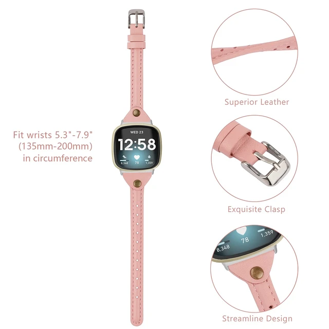 Alt view image 2 of 6 - Compatible with Fitbit Versa 4/Versa 3/Sense 2/Sense Band for Women, Slim & Thin Leather Straps Bracelet Wristband for Fitbit Versa 4/ Fitbit Sense Smartwatch, Rose Pink