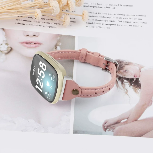 Alt view image 3 of 6 - Compatible with Fitbit Versa 4/Versa 3/Sense 2/Sense Band for Women, Slim & Thin Leather Straps Bracelet Wristband for Fitbit Versa 4/ Fitbit Sense Smartwatch, Rose Pink