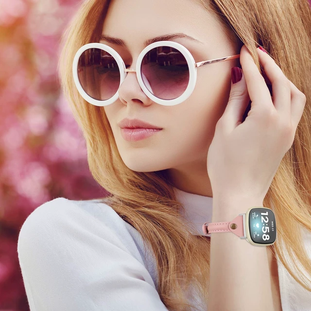Alt view image 6 of 6 - Compatible with Fitbit Versa 4/Versa 3/Sense 2/Sense Band for Women, Slim & Thin Leather Straps Bracelet Wristband for Fitbit Versa 4/ Fitbit Sense Smartwatch, Rose Pink