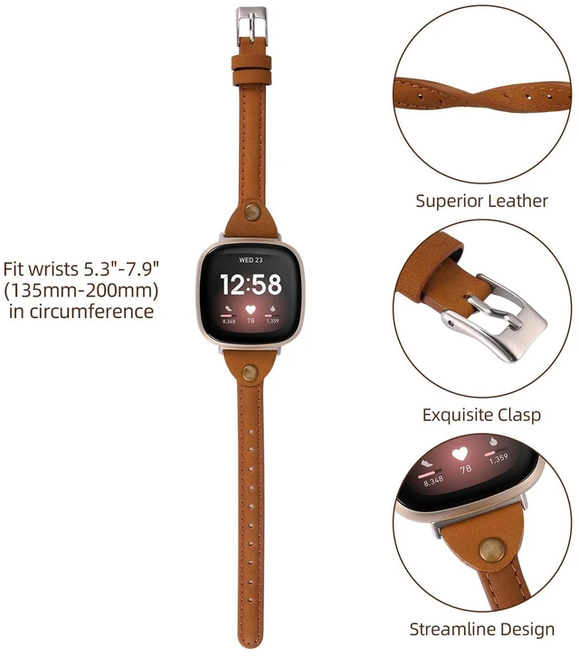 Alt view image 3 of 6 - Compatible with Fitbit Versa 3/Fitbit Sense Band for Women and Men, Slim & Thin Leather Straps Bracelet Wristband for Fitbit Versa 3/ Fitbit Sense Smartwatch (Deep Brown)
