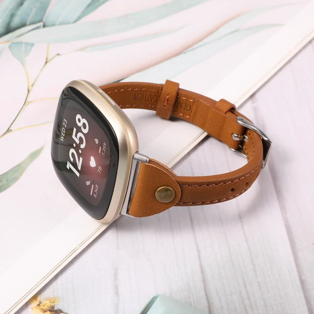 Alt view image 4 of 6 - Compatible with Fitbit Versa 3/Fitbit Sense Band for Women and Men, Slim & Thin Leather Straps Bracelet Wristband for Fitbit Versa 3/ Fitbit Sense Smartwatch (Deep Brown)