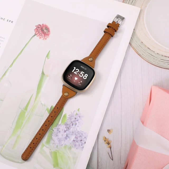 Alt view image 5 of 6 - Compatible with Fitbit Versa 3/Fitbit Sense Band for Women and Men, Slim & Thin Leather Straps Bracelet Wristband for Fitbit Versa 3/ Fitbit Sense Smartwatch (Deep Brown)